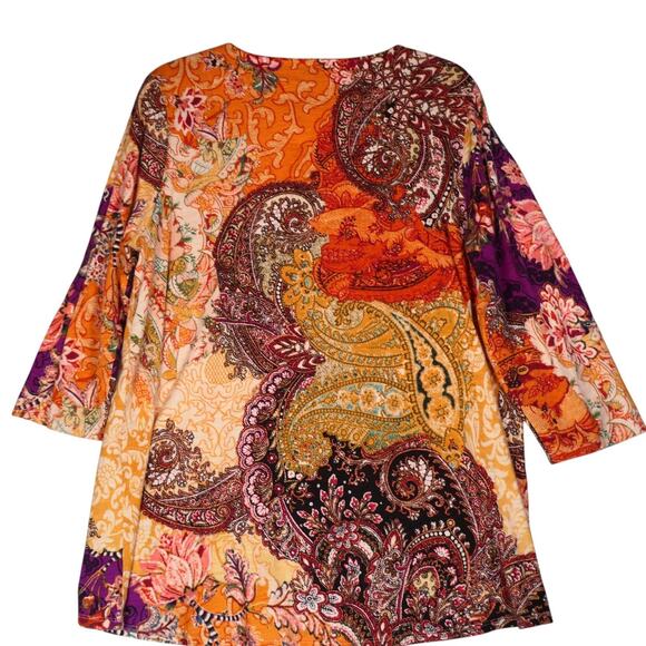 Chicos Tunic Shirt Womens 2 or L Brown Paisley Floral Boho Top 3/4 Sleeve - Picture 5 of 10